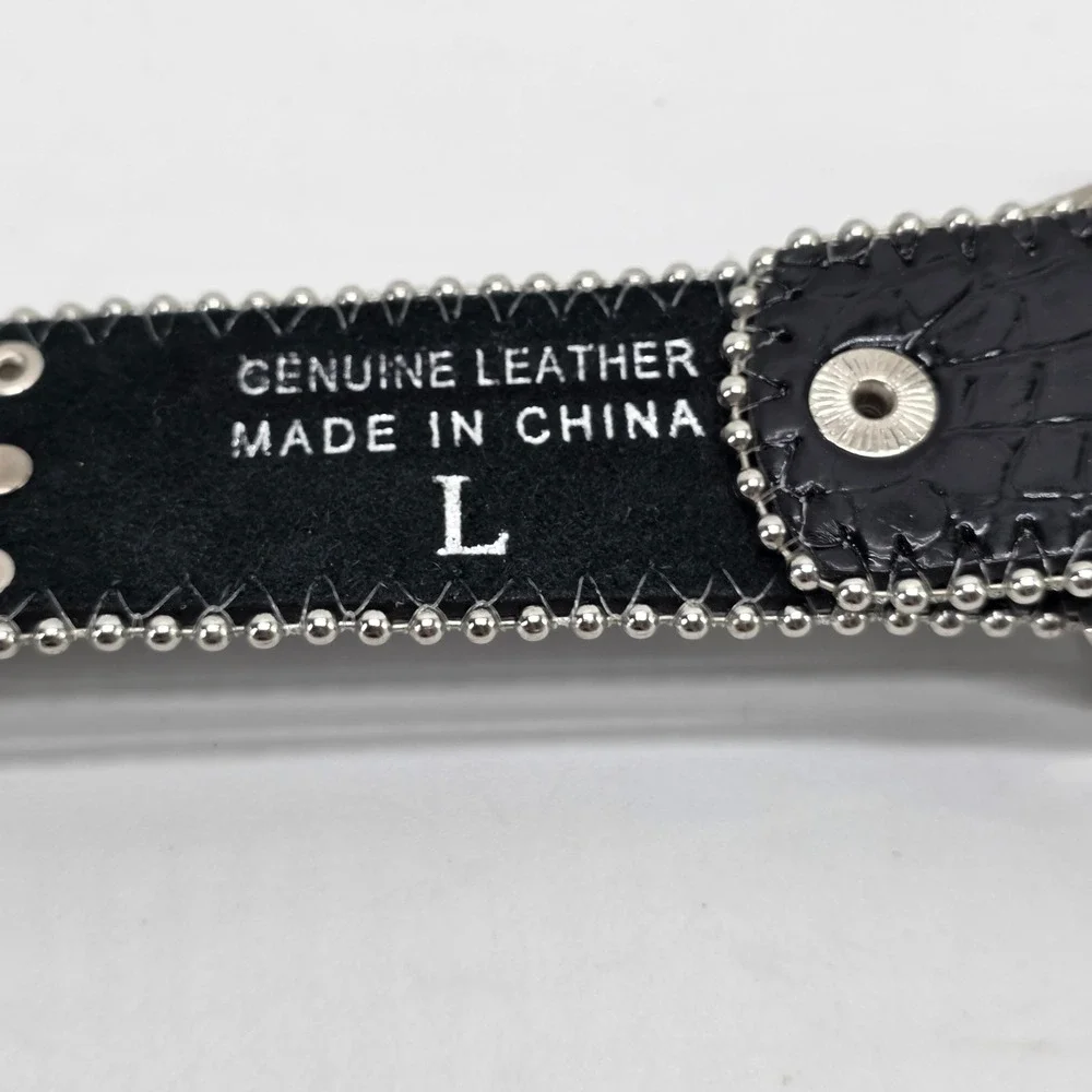 Black Leather Belt Rhinestone Crystal Western Bling Studded Large Y2K Rodeo Glam